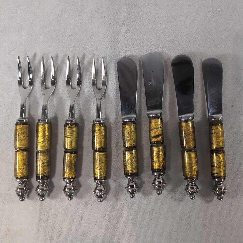 TAG 8 Set Glass Bead 4 Butter Knife 4 Pickle Fork Green Gold Silver Metal Spread